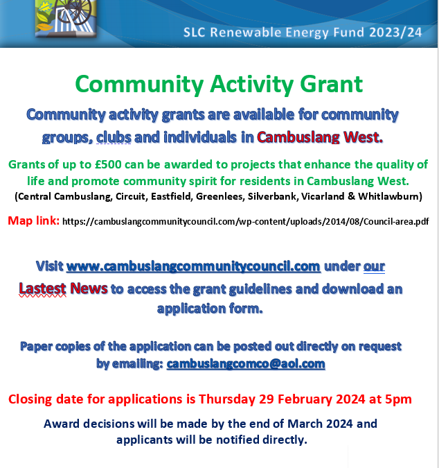 Our Cambuslang Community Activity Grant Scheme for 2024 is now open – until 29 February 2024